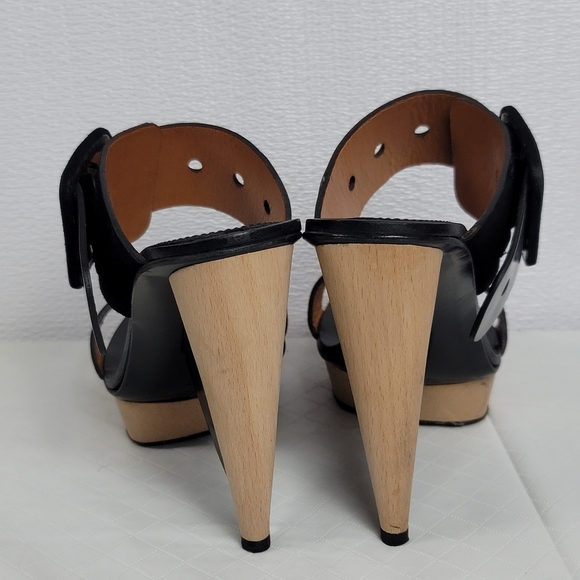 Sergio Rossi Suede Leather Buckle Wood Platform Cone Heels Slides Sandals Sz 37 - Picture 6 of 15